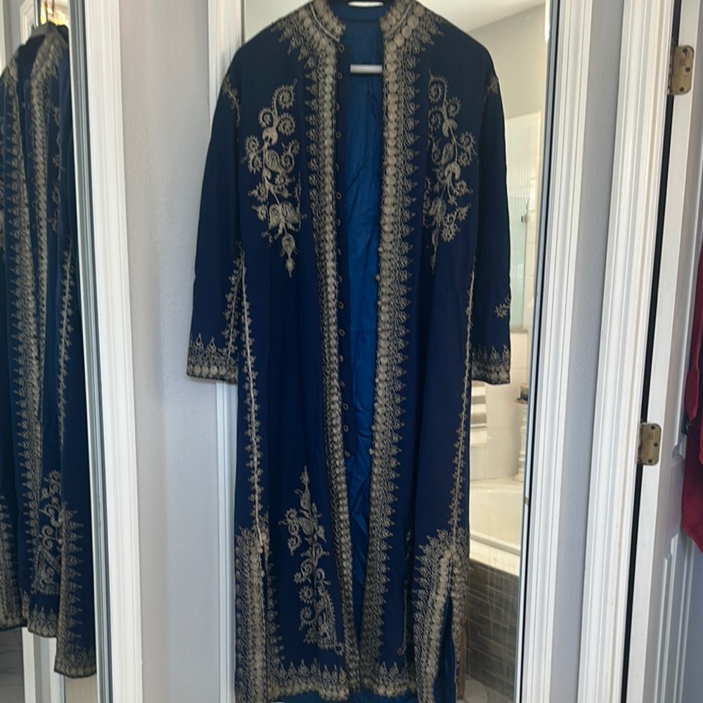 Asian Elegant Blue and Gold Embroidered Cape with High Collar